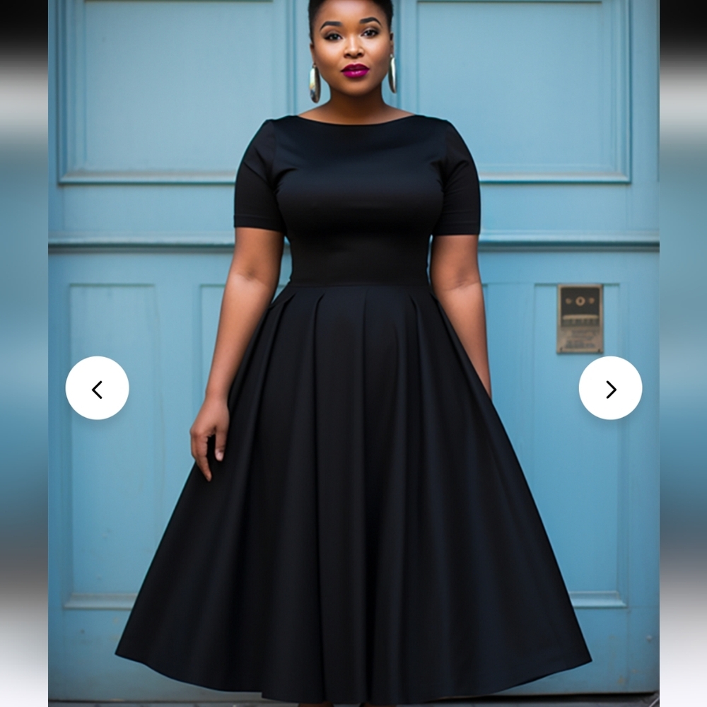 NWT Xpluswear  Plus Size Semi Formal Black Round Neck Short Sleeve Midi Dress